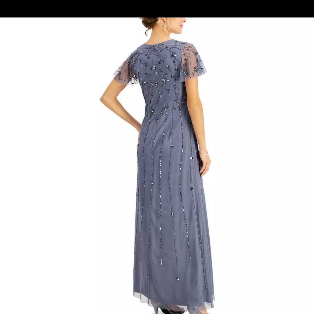 Adrianna Papell Women's Formal Dress Size 6 Dusty‎ Blue Beaded Short Sleeve Gown - Picture 3 of 17